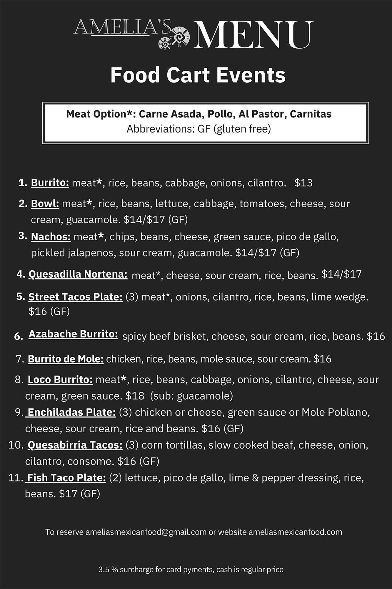 image of Amelia's Food Cart menu